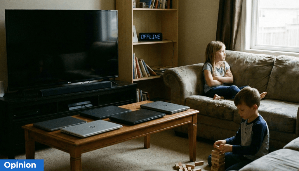 Una sala de estar con un televisor apagado, varios laptops sobre una mesa de madera, un niño jugando con bloques de madera y una niña sentada en el sofá con los brazos cruzados.