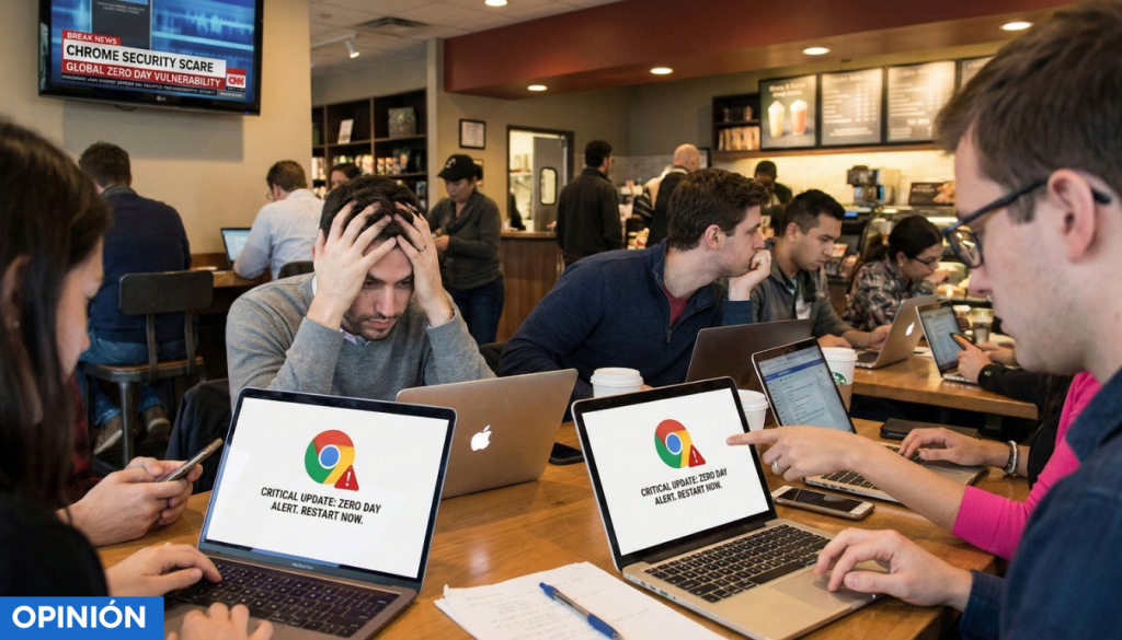 Grupo de personas en una cafetería, preocupadas por un mensaje de alerta en sus laptops sobre una actualización crítica de seguridad.