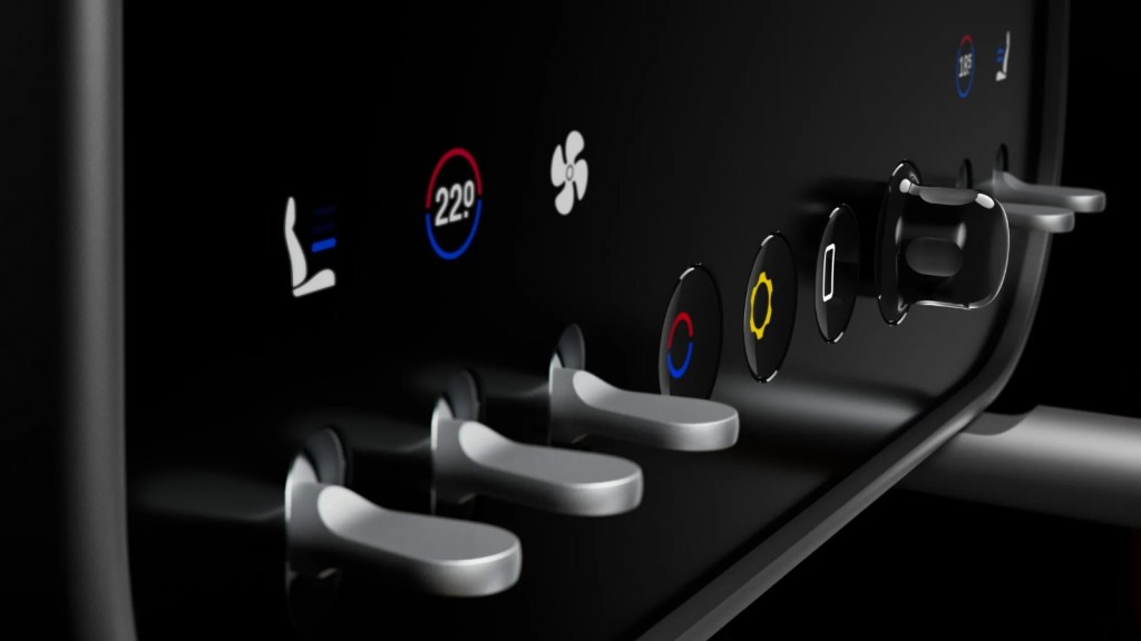 Primer plano de un panel de control de un dispositivo, con perillas y botones que indican configuraciones de temperatura y ventilación.