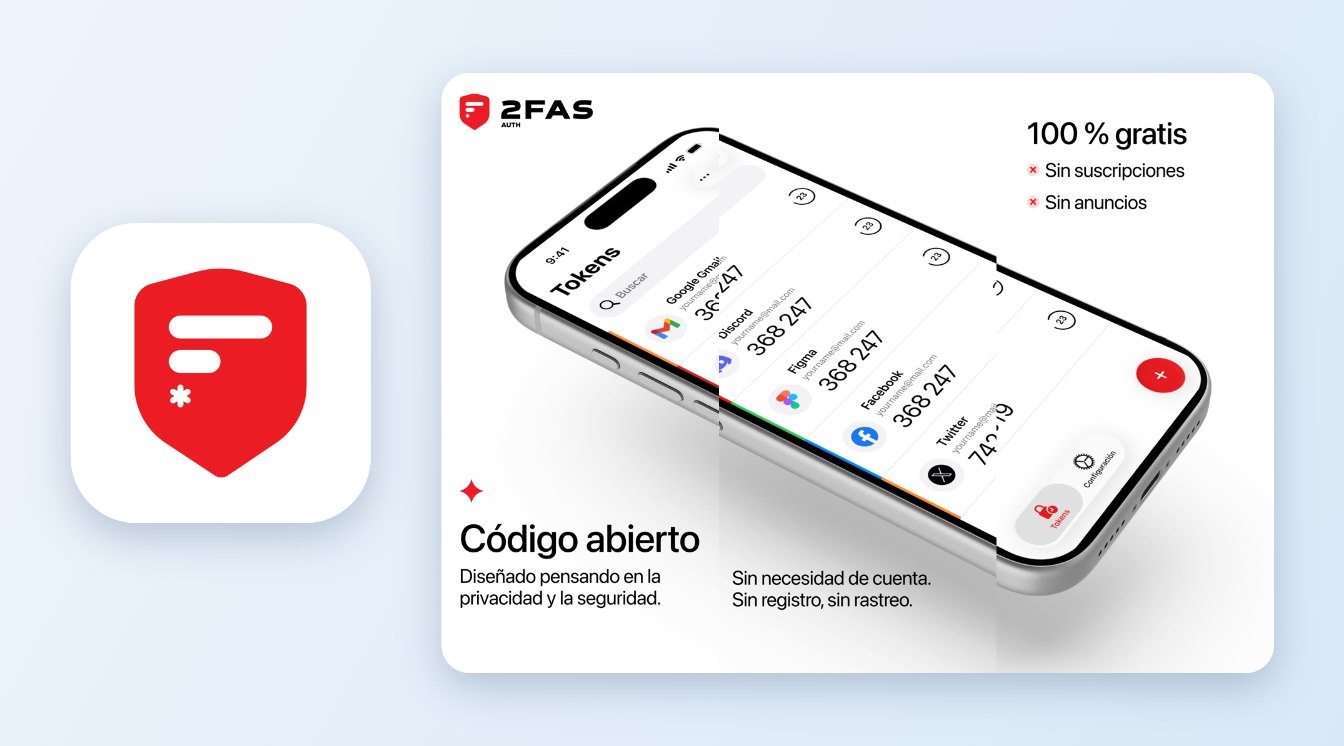 Icono de 2FAS junto a capturas de la app de autenticación en dos pasos para iPhone