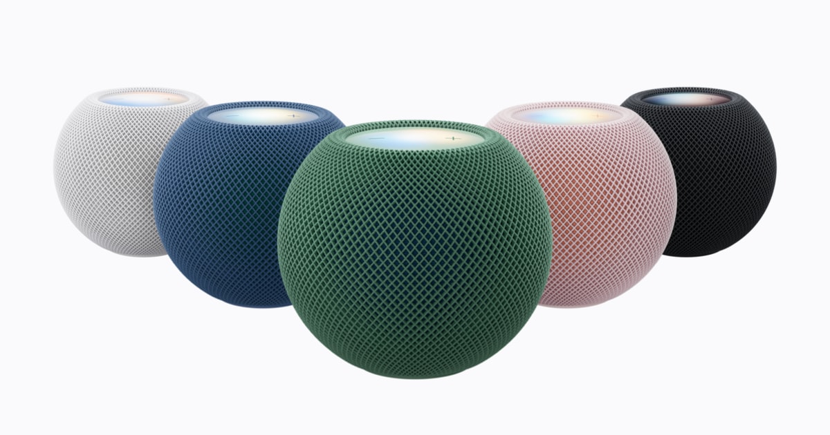 HomePod mini 2 en blanco, azul, verde, rosa y medianoche, imagen oficial de Apple