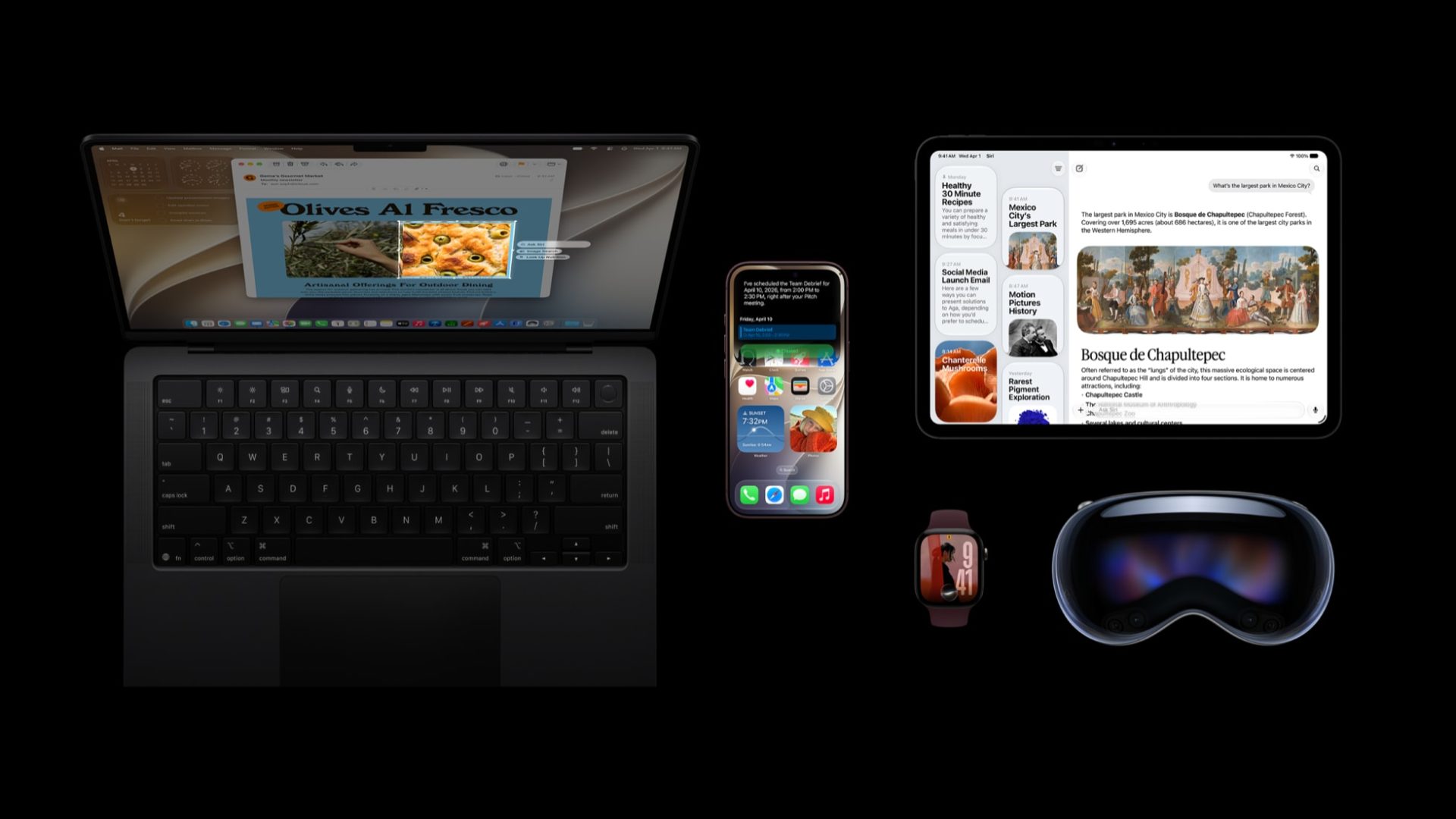Mac, iPhone 18 Pro, Apple Watch, iPad y Apple Vision Pro sobre un escritorio con las nuevas versiones de sus sistemas operativos