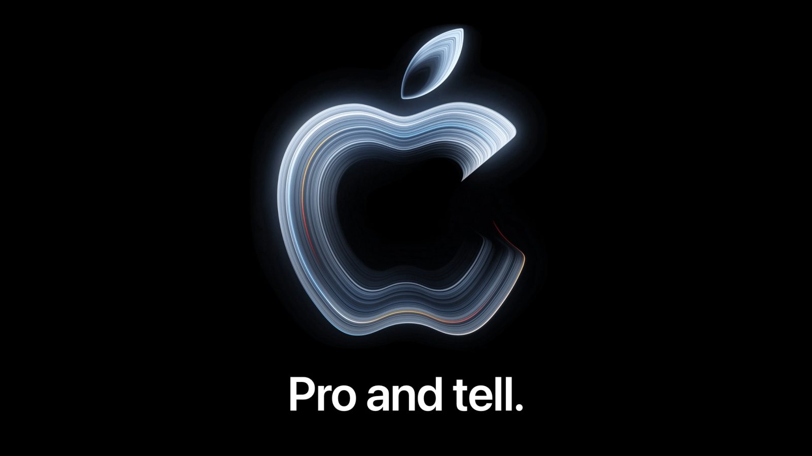 Invitación del evento de Apple del 28 de octubre: logo de Apple brillante por capas y el lema Pro and tell