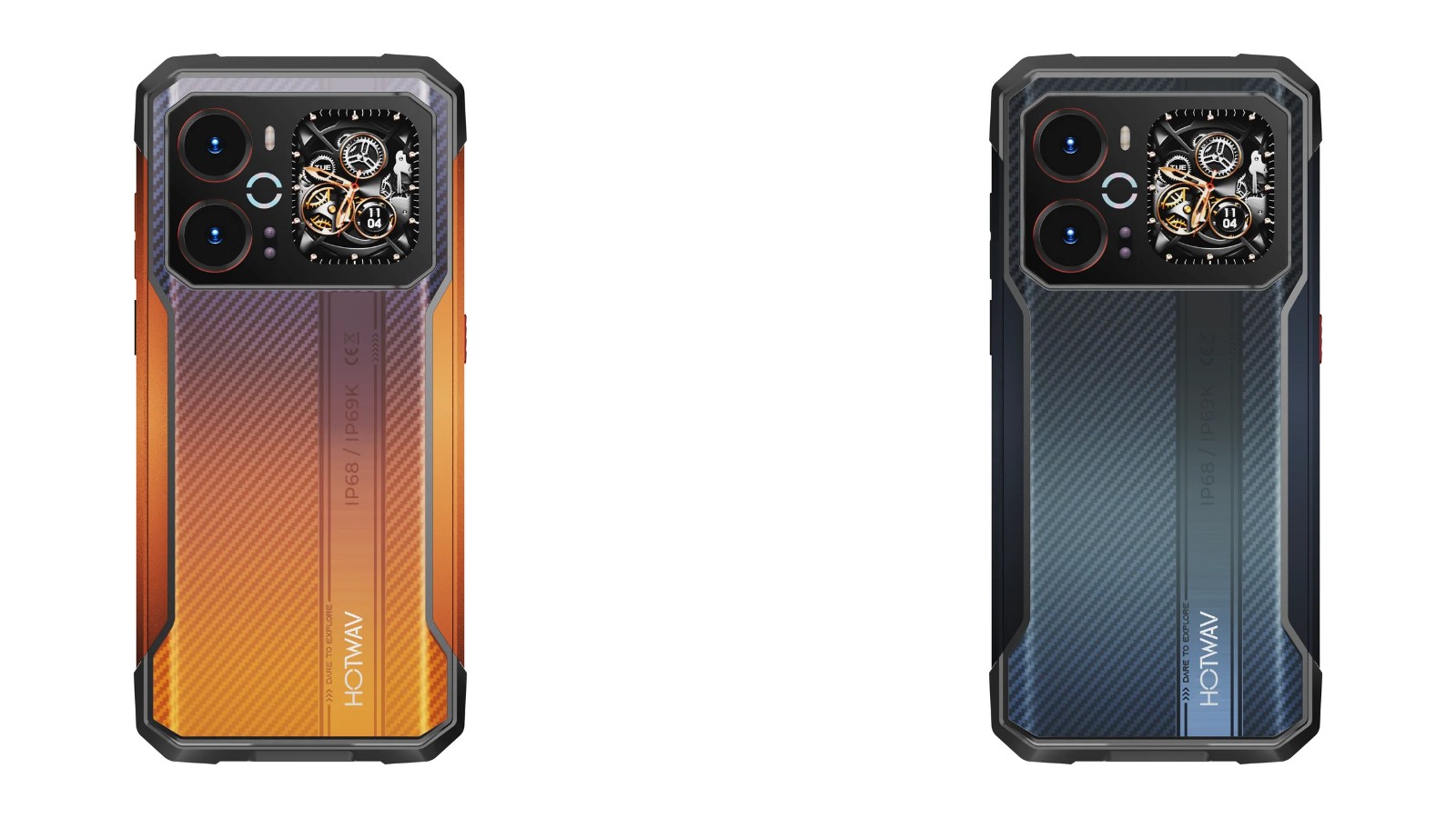 Hotwav Cyber 18 en naranja y en negro visto por detrás, con la pantalla trasera junto a las cámaras, imagen oficial de Hotwav