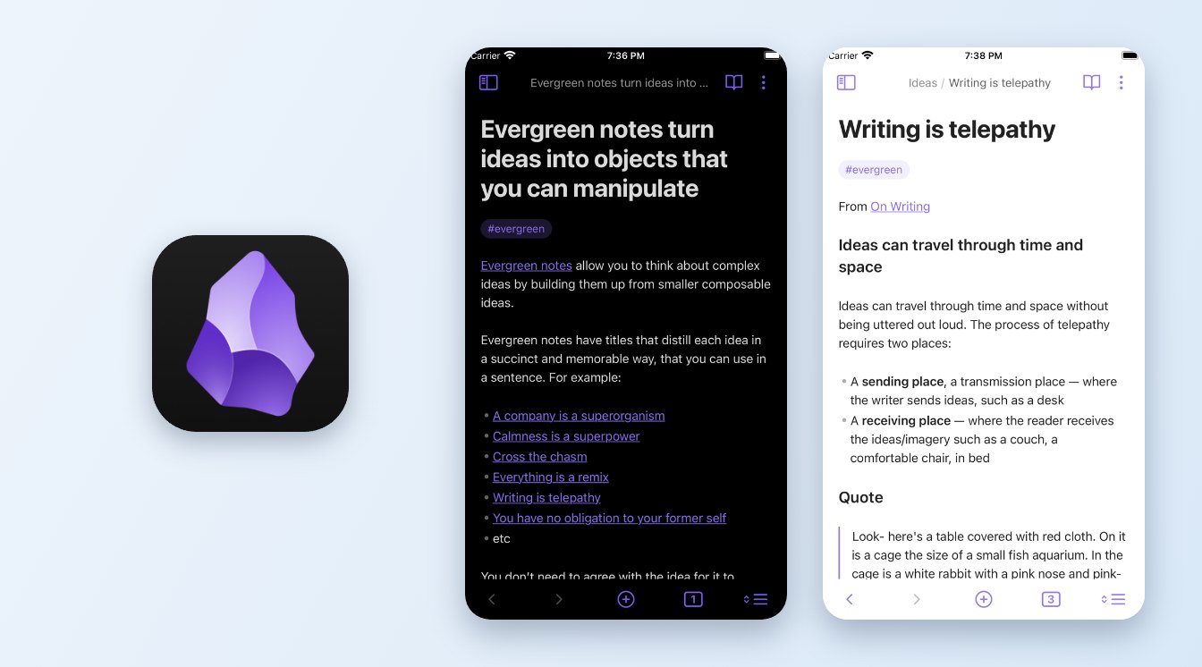 Icono de Obsidian junto a dos capturas de la app para iPhone