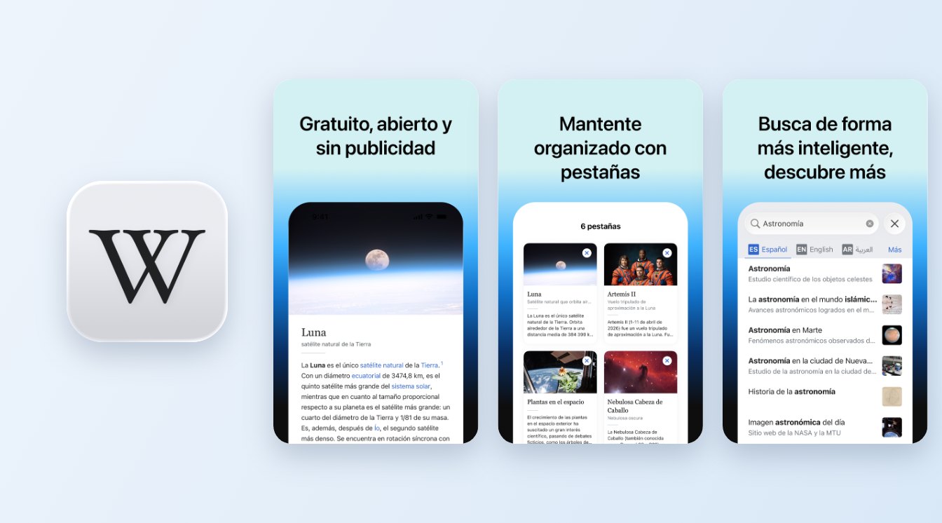 Icono de la app de Wikipedia junto a capturas de la app para iPhone
